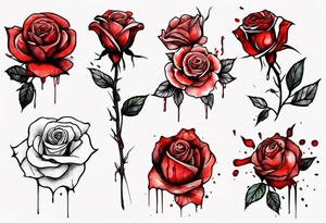 rose flower, one line, red blood dripping from the flower, tall, watercolor, with a cross in the stem tattoo idea