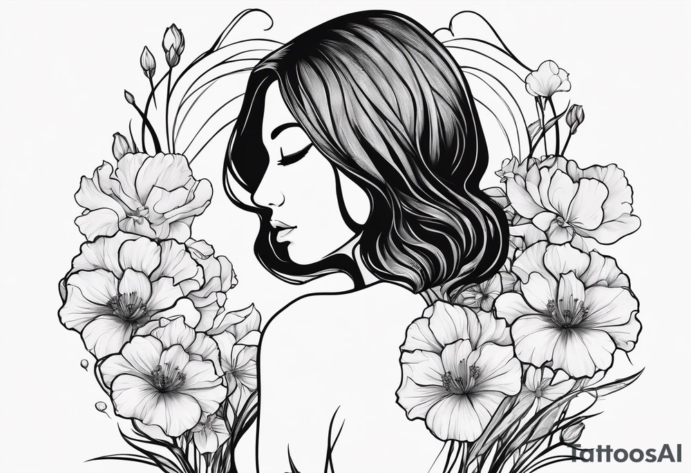 Female  no face from behind outline surrounded by carnations
snow drops, iris, poppies, cosmos, and narcissus tattoo idea