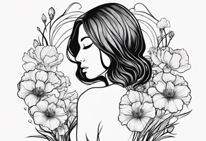 Female  no face from behind outline surrounded by carnations
snow drops, iris, poppies, cosmos, and narcissus tattoo idea
