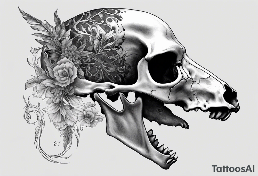 A side view of a decayed deer skull with no skin JUST BONE surrounded by fire tattoo idea