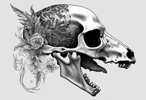 A side view of a decayed deer skull with no skin JUST BONE surrounded by fire tattoo idea