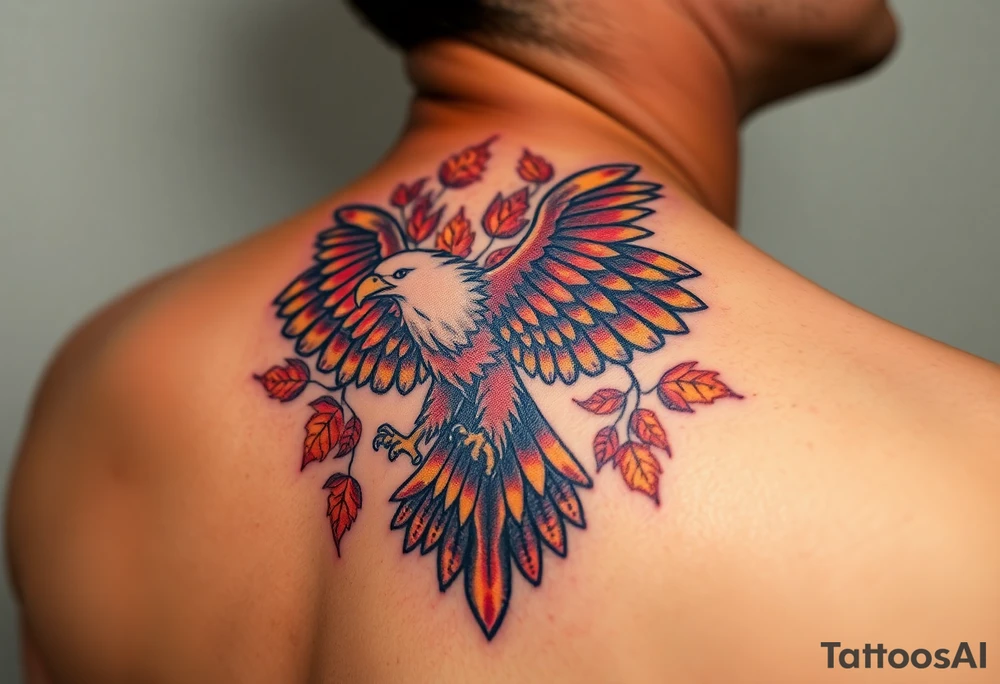 An eagle with a powerful wingspan, with autumn leaves swirling around it, painted in rich earthy tones of brown, red, and orange tattoo idea
