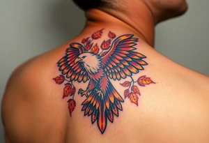 An eagle with a powerful wingspan, with autumn leaves swirling around it, painted in rich earthy tones of brown, red, and orange tattoo idea