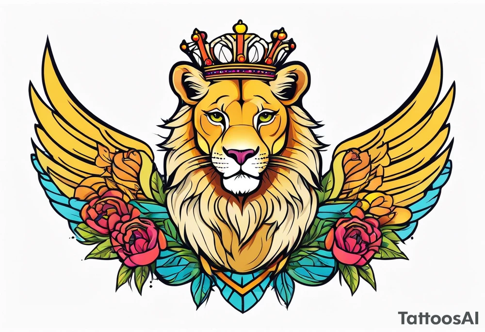 Lioness with wings crown tattoo idea