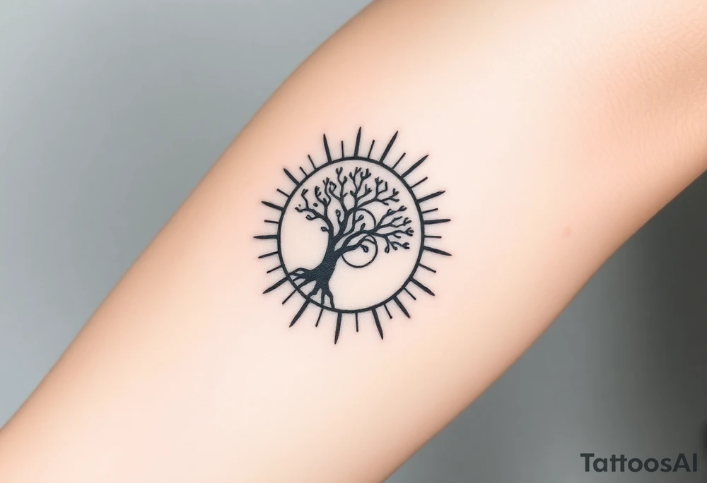 Tree inside of a Fibonacci spiral sun tattoo idea