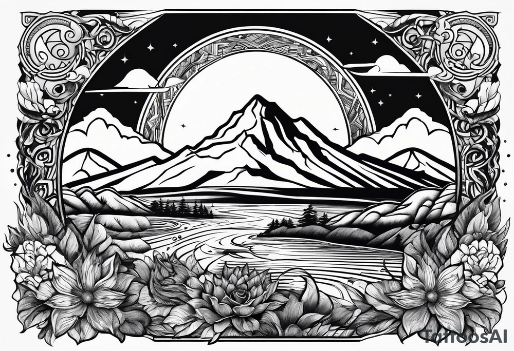 Line art sun mountain water tattoo idea