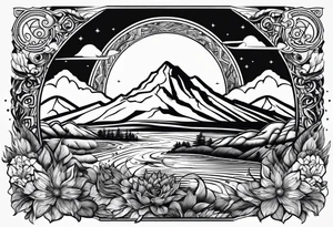 Line art sun mountain water tattoo idea