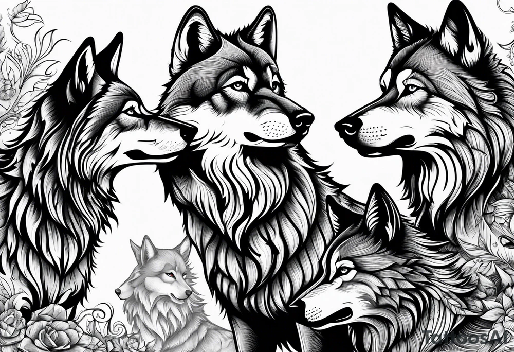 family of wolves (dad, mom, son, daughter) howling tattoo idea