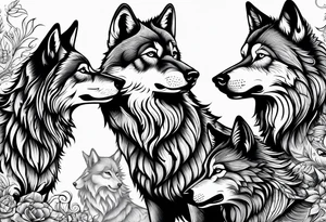 family of wolves (dad, mom, son, daughter) howling tattoo idea