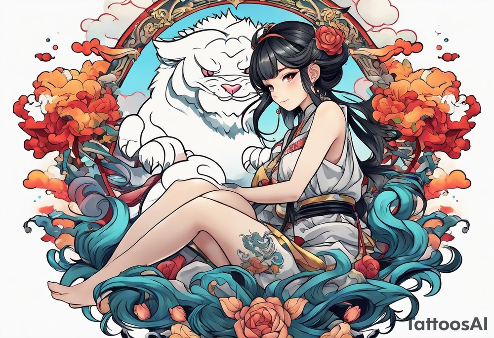 an anime girl sitting on a asian monster surrounded by cloud tattoo idea