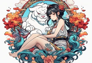 an anime girl sitting on a asian monster surrounded by cloud tattoo idea