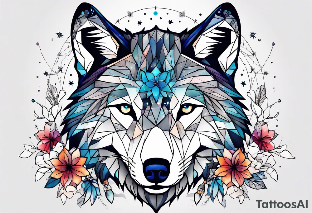 Constellation, animal wolf snow , géométric , flower tattoo idea