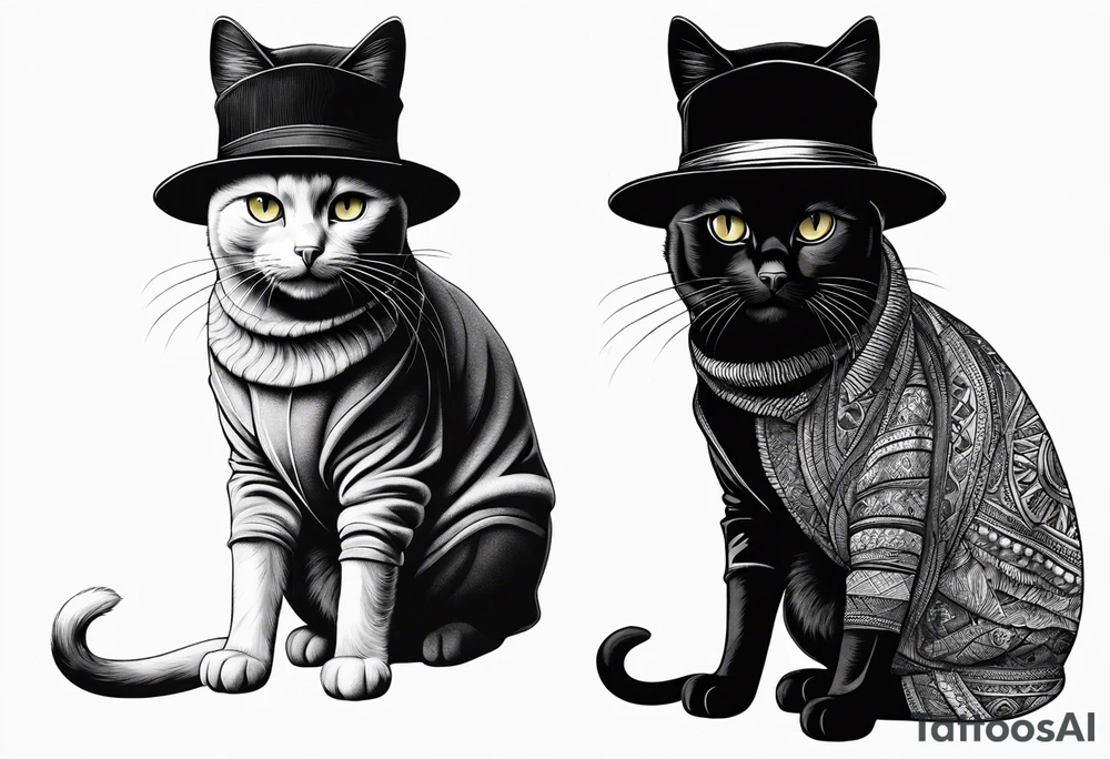 Black cat with a funny hat and a sweater tattoo idea