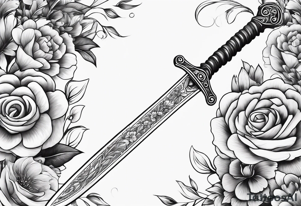 Long skinny sword with flowers in the background tattoo idea