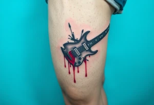 A jagged, shattered electric guitar, with a blood-red hue dripping from the broken edges, symbolizing chaos and intensity tattoo idea