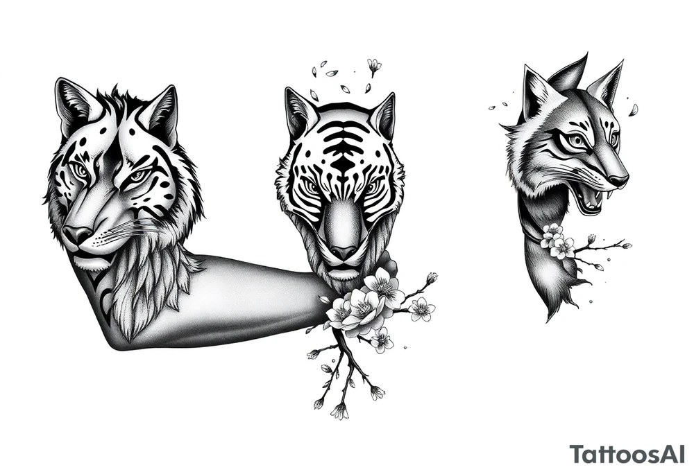 this is a full arm sleeve. All black with a wolf, tiger and fox all separate with sakura branches tattoo idea