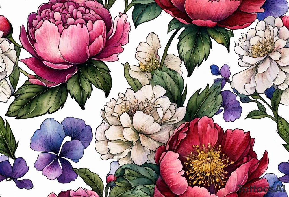 Vibrant peony with hydrangea and petunias and blossoms and foliage and a bee tattoo idea