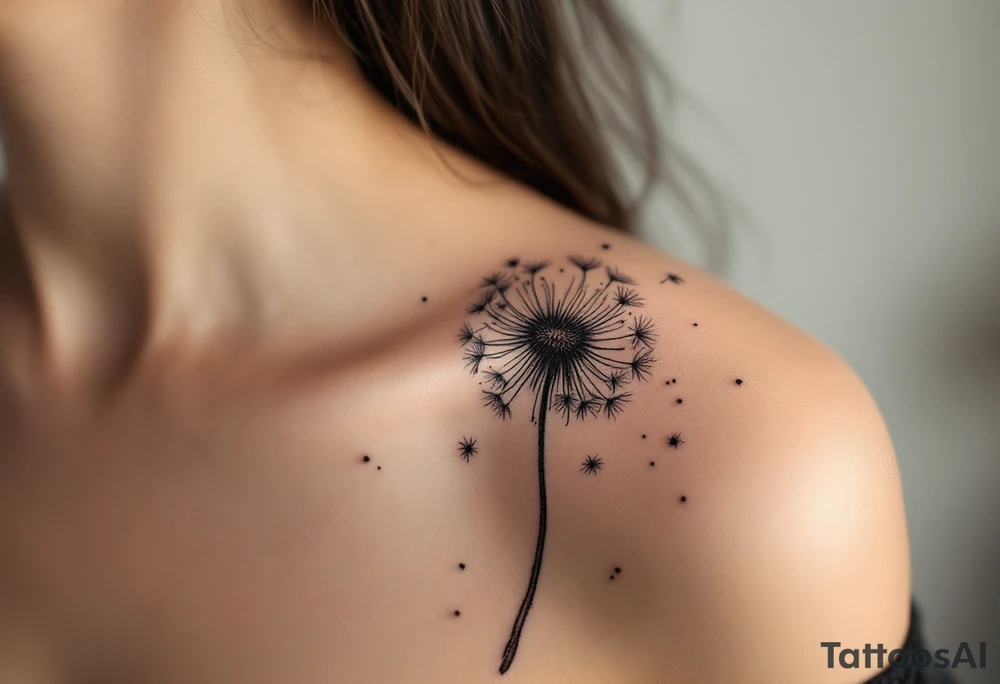 Hand-poked effect dandelion in faded black, looking softly aged, seeds scattered lightly across the shoulder. tattoo idea