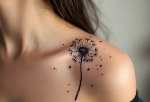Hand-poked effect dandelion in faded black, looking softly aged, seeds scattered lightly across the shoulder. tattoo idea