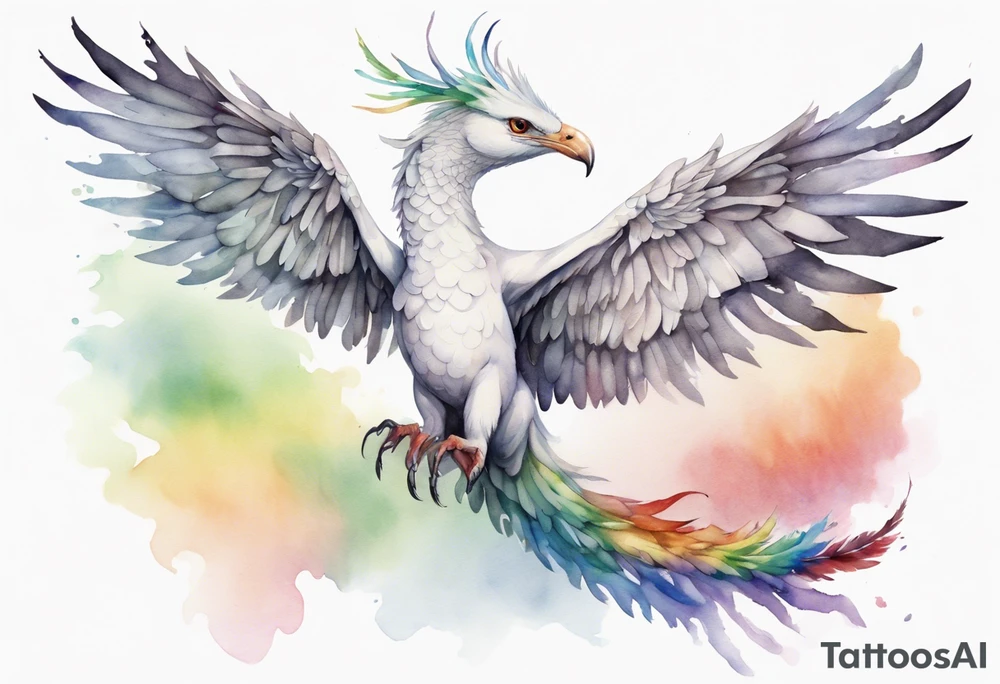 a watercolor of a white bird-serpent hybrid wearing a grey crown, with rainbow wing feathers, flying in the sky tattoo idea