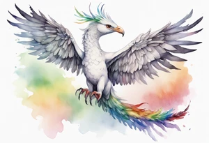 a watercolor of a white bird-serpent hybrid wearing a grey crown, with rainbow wing feathers, flying in the sky tattoo idea