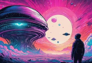 Full Back, synthwave, colossal Alien entities and space stuff, small human on The foreground in awe of The sheer scale of The infinite universe, More absurdist Aliens tattoo idea