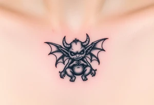 Misfit tiny goblin with wings and horns tattoo idea