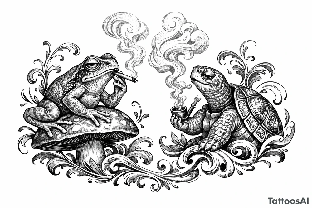 Surrealist gimme à frog and a turtle smoking something tattoo idea