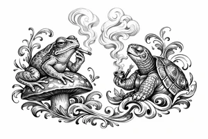Surrealist  gimme à frog and a turtle smoking something tattoo idea
