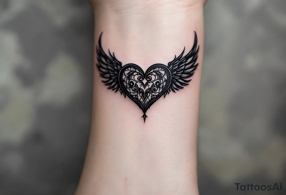 A black heart with intricate tattoos on its surface, paired with dark, gothic angel wings, representing love that is both beautiful and intense. tattoo idea