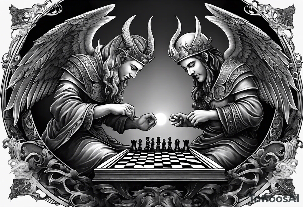 Depict an angel and demon playing chess on a board that morphs from celestial clouds to fiery inferno, representing the merging of the spiritual realms in the eternal game tattoo idea