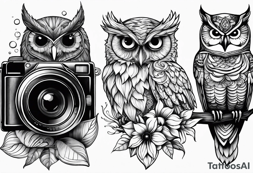 sunflower, camera, water wave, owl, book tattoo idea