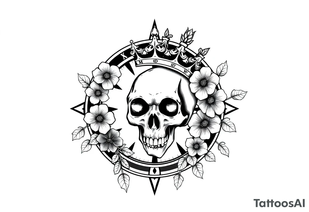 Compass with detailed beautiful gothic boho flowers on vine and skull with gorgeous crown tattoo idea