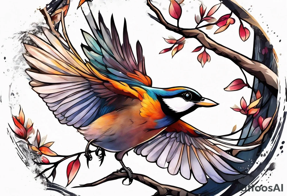 Bird taking off from a branch tattoo idea