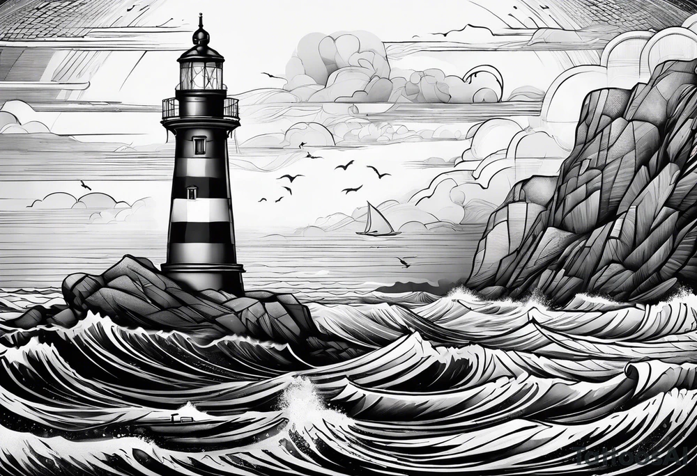 voilier vue de face. phare maritime dans le voilier servant de mat pour les voiles. tattoo idea