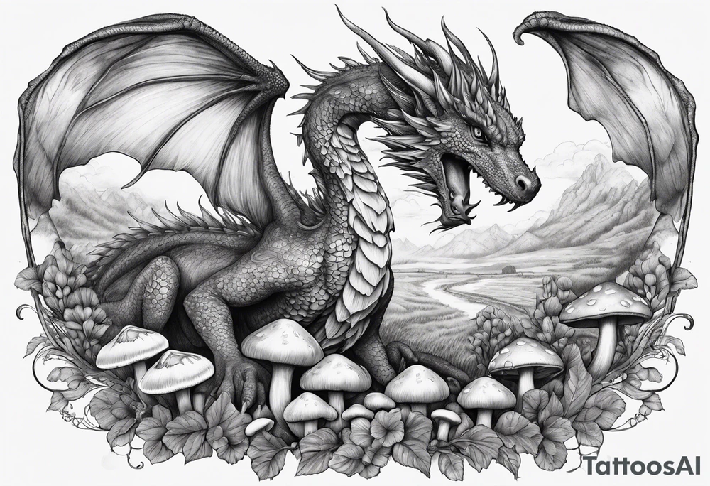 Mother dragon wings spread field of mushrooms tattoo idea