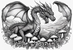 Mother dragon wings spread field of mushrooms tattoo idea