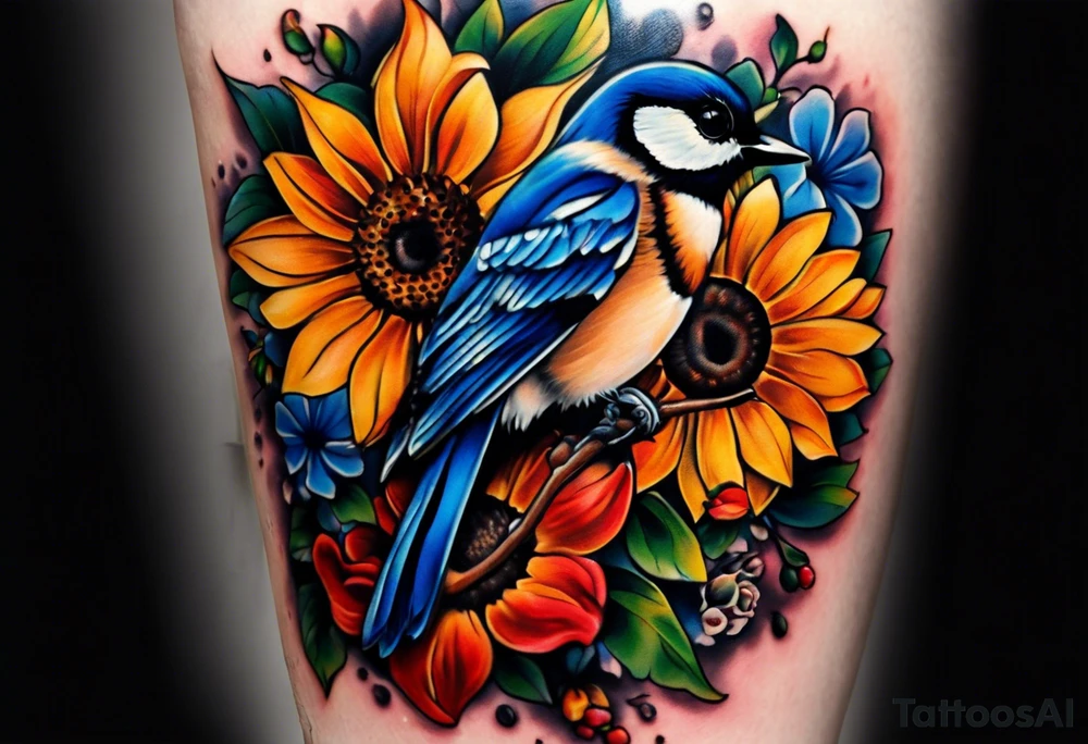 A lower forearm sleeve full colour coming down from a bicep with flowers joined with honeycombs, Mandela flowers, sunflowers, chickadee bird, blue Jay, humming bird, and owl.  Sweet pea and honey suckle flowers. tattoo idea