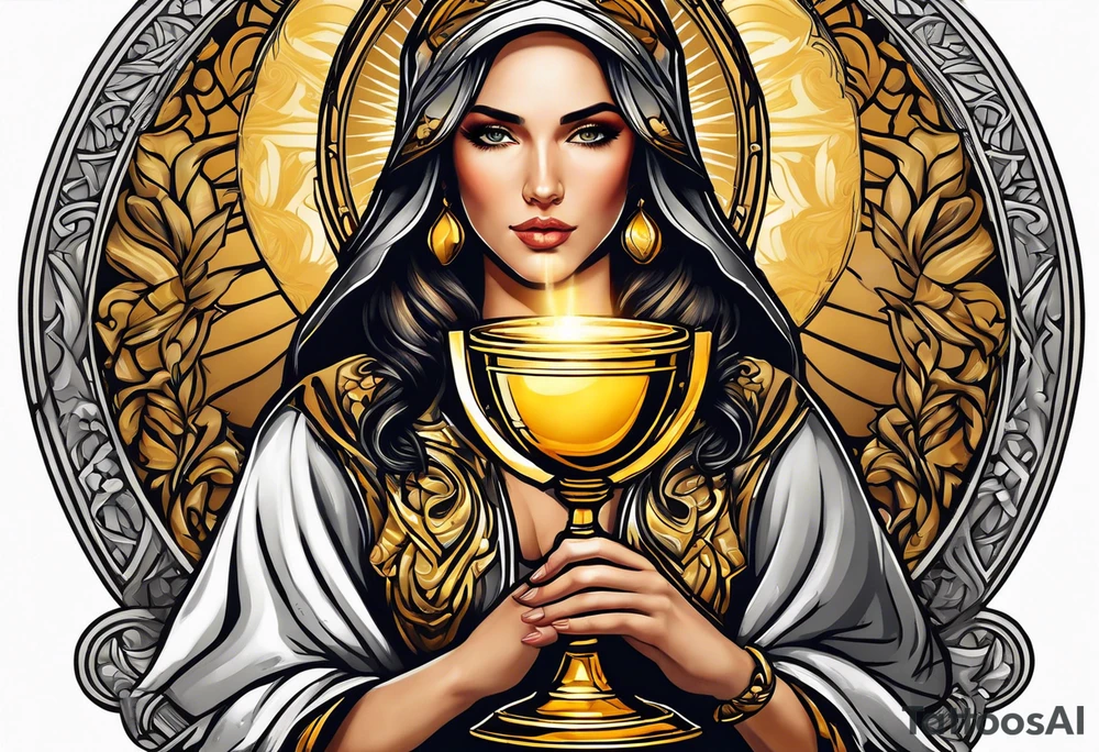 woman saint holding chalice surrounded by golden halo portrait tattoo idea