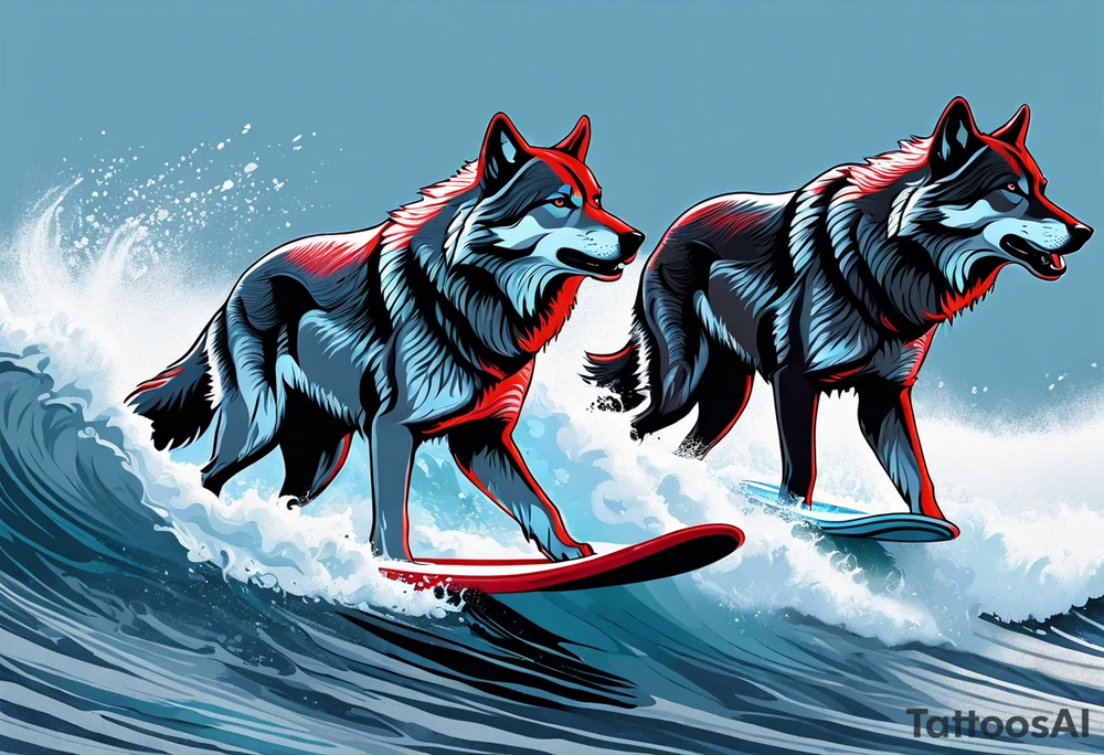 a pack of howling muscular  gray wolves surfing with a tropical background with red white and black and gray tattoo idea