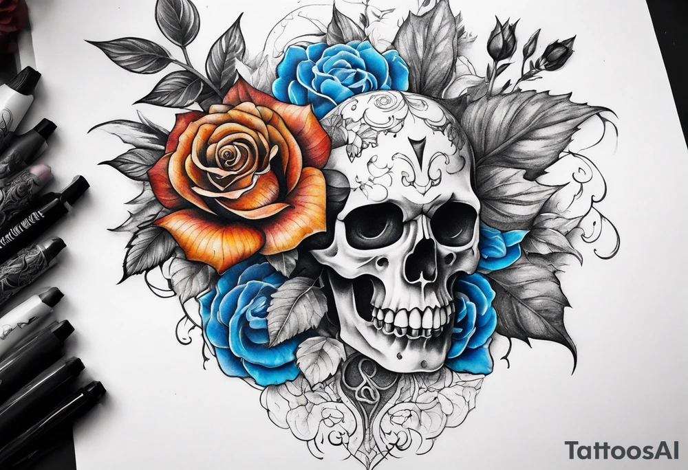 Front knee tattoo with fall colors, small flowers, rose, devil skull, leaves, blue water flows with washes and background tattoo idea