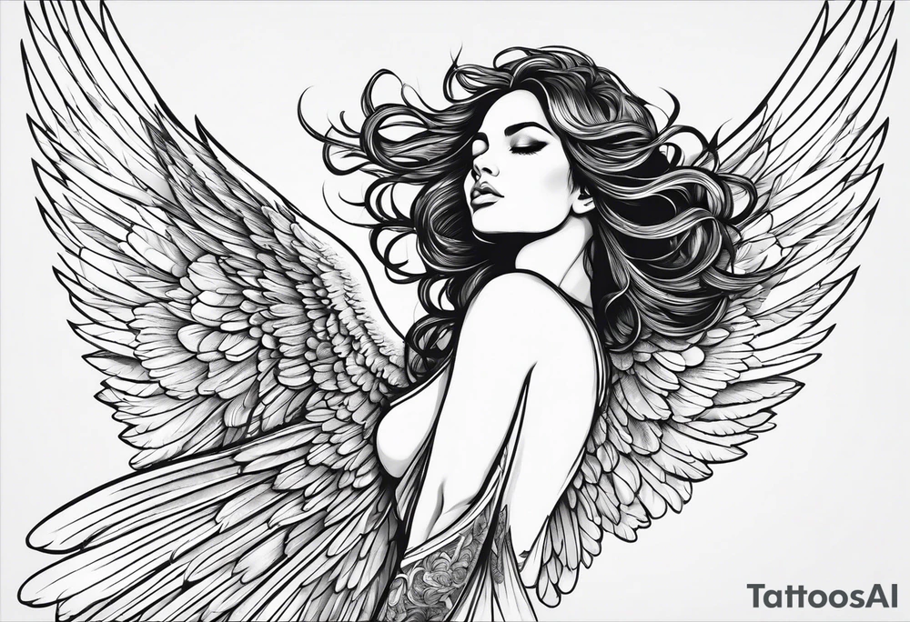angel woman with big wings, full body, flying on the sky, looking right side , we  can see right profile tattoo idea