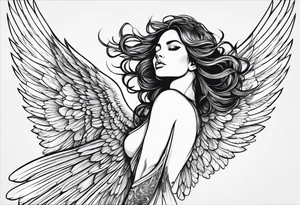 angel woman with big wings, full body, flying on the sky, looking right side , we  can see right profile tattoo idea