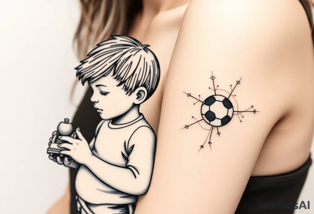 two small boys with their mother  a small train toy and a small football toy. tattoo idea