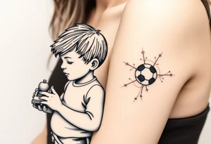 two small boys with their mother  a small train toy and a small football toy. tattoo idea