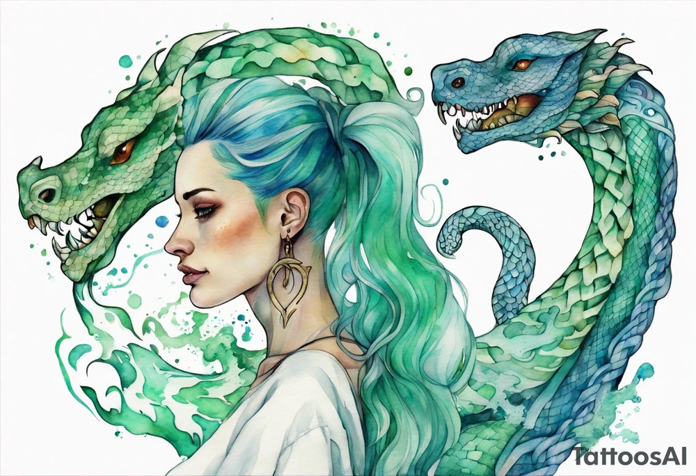 a sea serpent next to a women with blue-green hair wearing a white tunic tattoo idea