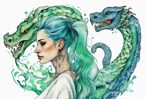 a sea serpent next to a women with blue-green hair wearing a white tunic tattoo idea