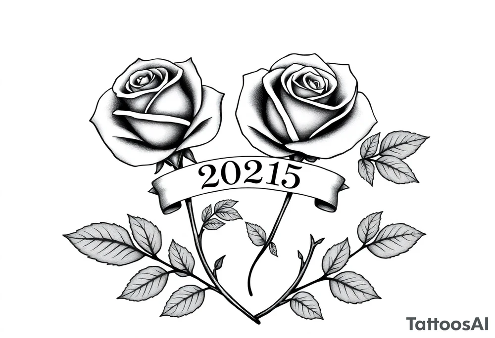two beautiful large rose buds, one larger than the other, with many leaves next to the rose buds, with one sitting higher than the other. Include a banner connecting the two roses with "2025" on it.   Use dark outlines with little shading. The two stems should be short, not long, and connect and join into one stem, whimsically curved or twisted - not straight down. tattoo idea