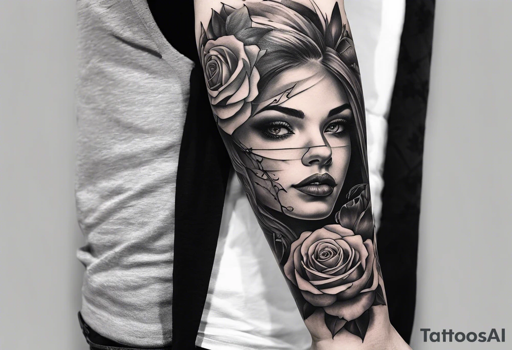 tattoo fool sleeve, old broken gothic home, broken sword, roses tattoo idea