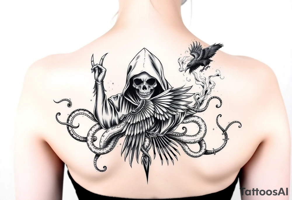 Mix grim reaper, snakes, crow and smoke tattoo idea